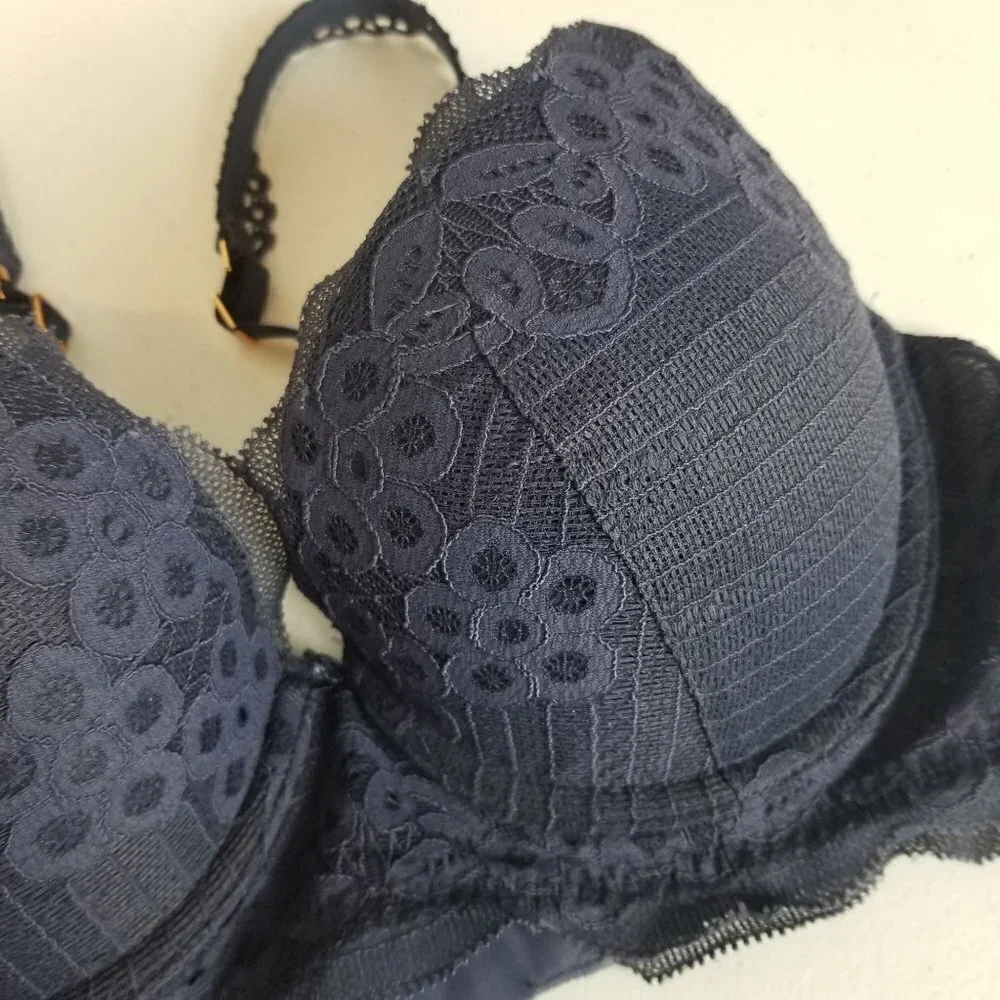 AERIE Bra 34C Blue lace‎ Padded Push up Rose Gold Hardware Underwire Adjustable
